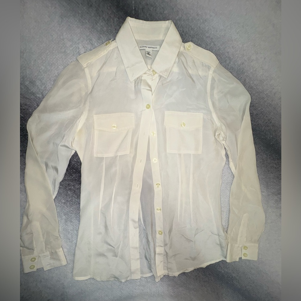 Banana Republic Cream Off White‎ Sheer Silk Pocket Blouse Shirt Top 2 P Petites